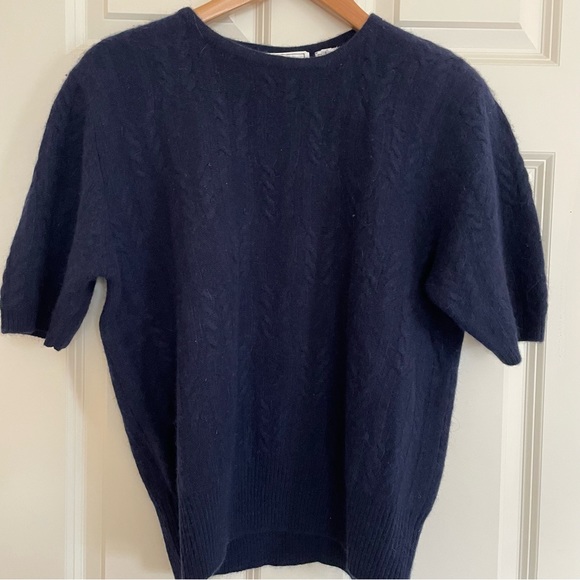 Vintage Evan-Picone Short Sleeve Navy Lambswool Angora Cable Sweater - Size L - Picture 1 of 9